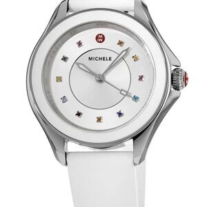 Michele Silver Case with White Strap Watch